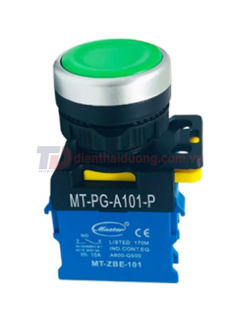 Nút nhấn ON MASTER màu xanh lá Ø22 loại tự nhả viền mạ bạc ( MT-PG-A101-P )