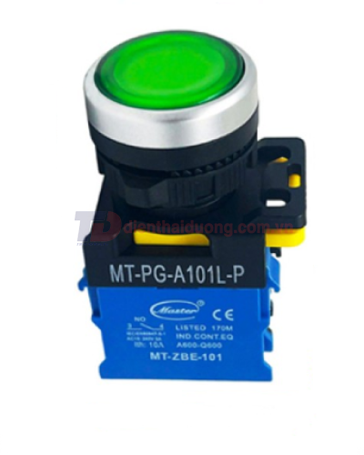 Nút nhấn ON có đèn MASTER màu xanh lá loại tự nhả viền mạ bạc ( MT-PG-A101L-P )