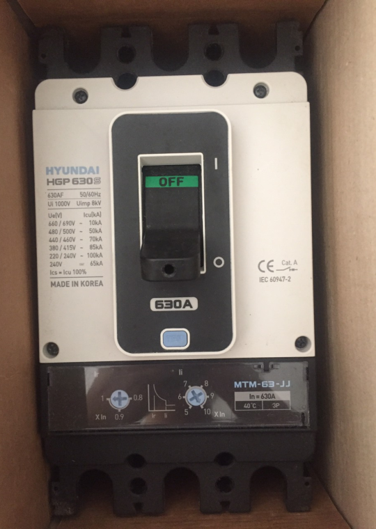 MCCB HYUNDAI 3P 630A 85kA chỉnh dòng nhiệt 0.8~1.0xIn và dòng từ 5~10xIn ( HGP630S-H )
