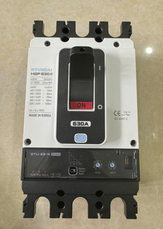 MCCB HYUNDAI 3P 630A 85kA chỉnh dòng điện tử 0.4~1.0*In ( HGP630S 3PENS )