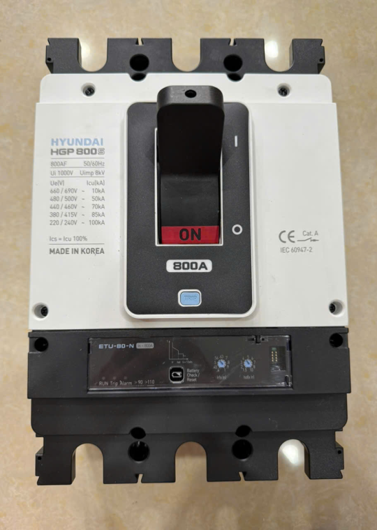 MCCB HYUNDAI 3P 800A 85kA chỉnh dòng điện tử 0.4~1.0*In ( HGP800S 3PENS )
