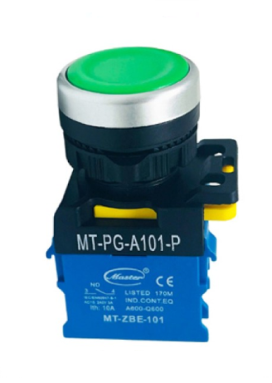 Nút nhấn ON MASTER màu xanh lá loại tự nhả viền mạ bạc ( MT-PG-A101-P )
