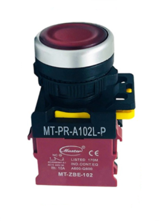 Nút nhấn OFF có đèn MASTER màu đỏ loại tự nhả viền mạ bạc ( MT-PR-A102L-P )