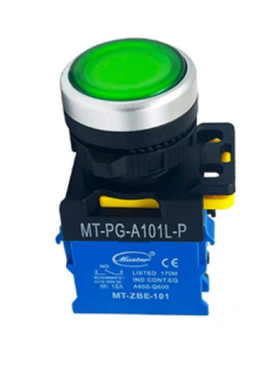 Nút nhấn ON có đèn MASTER màu xanh lá loại tự nhả viền mạ bạc ( MT-PG-A101L-P )