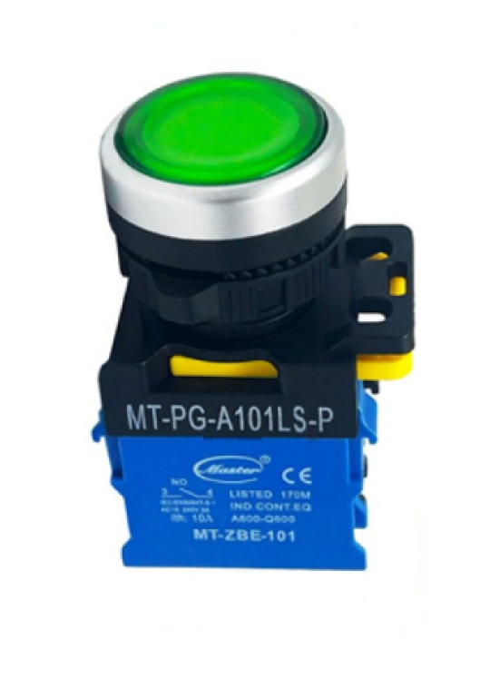 Nút nhấn ON có đèn MASTER màu xanh lá loại tự giữ viền mạ bạc ( MT-PG-A101LS-P )