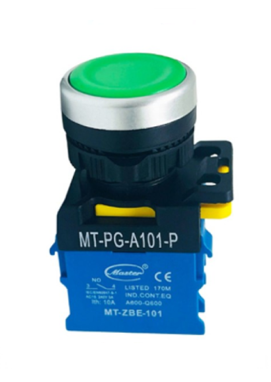 Nút nhấn ON MASTER màu xanh lá loại tự nhả viền mạ bạc ( MT-PG-A101-P )