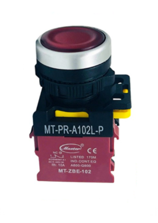 Nút nhấn OFF có đèn MASTER màu đỏ loại tự nhả viền mạ bạc ( MT-PR-A102L-P )