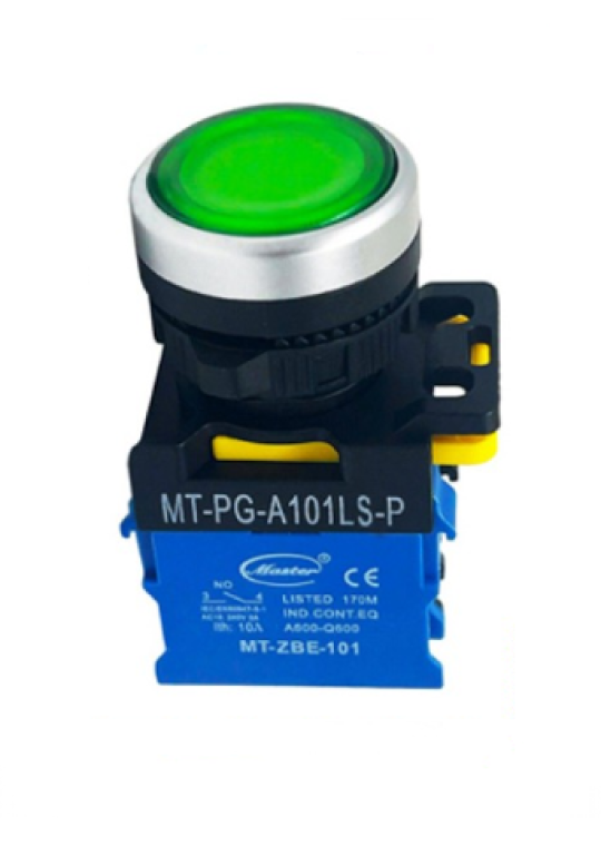 Nút nhấn ON có đèn MASTER màu xanh lá loại tự giữ viền mạ bạc ( MT-PG-A101LS-P )