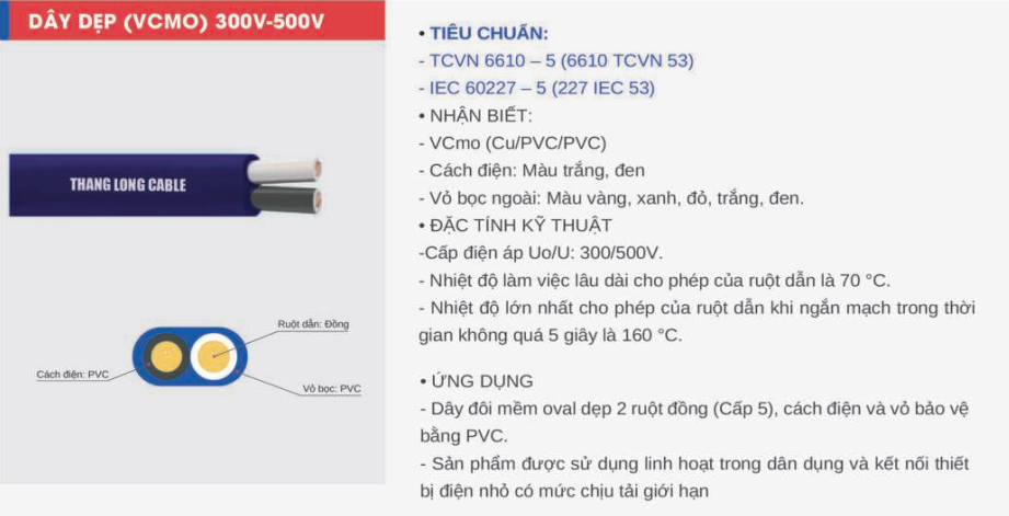 Dây Oval dẹp Thăng Long VCmo 2 x 0.75mm2 - 300/500V