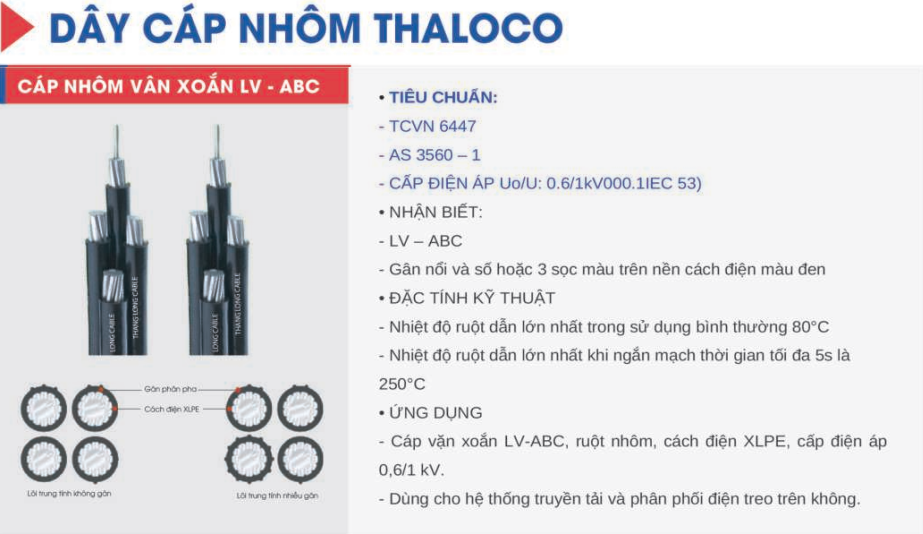 Cáp nhôm vặn xoắn THĂNG LONG LV-ABC 2x10mm2 - 0.6/1kV