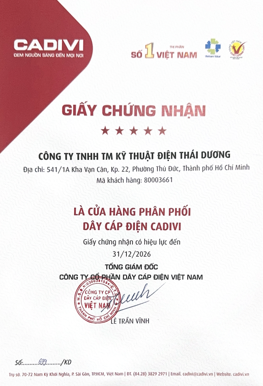 chứng nhận phân phối Dây Cáp Điện CADIVI