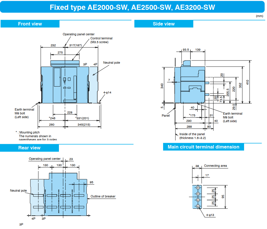 ACB MITSUBISHI 3P 2000A 85kA/100kA loại cố định ( AE2000-SW ) 1
