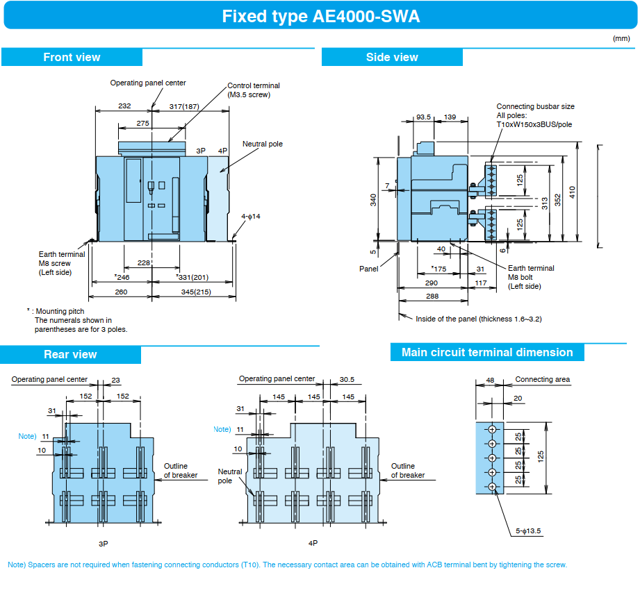 ACB MITSUBISHI 3P 4000A 85kA/100kA loại cố định ( AE4000-SWA ) 1