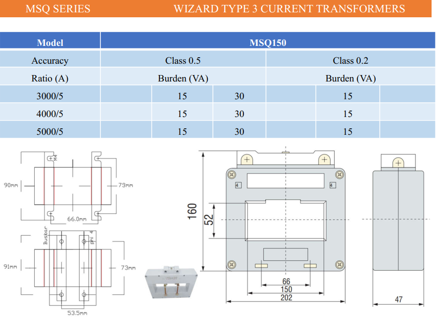 Biến dòng đo lường WIZ loại vuông MSQ 6300/5A CL0,5 15VA ( MSQ-180 )