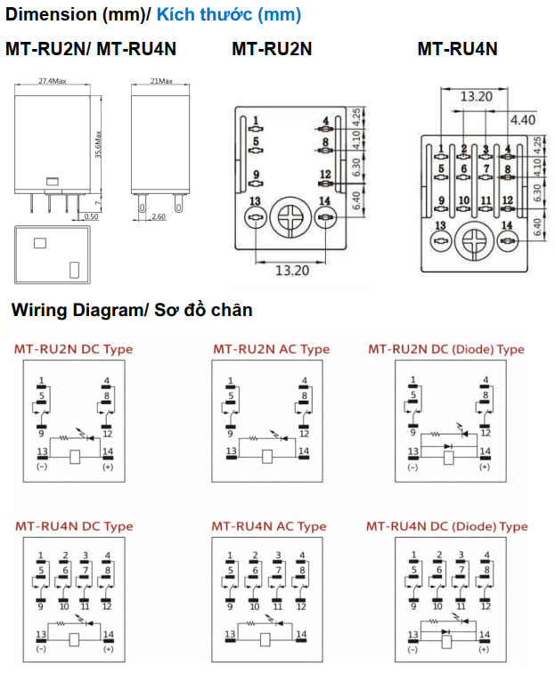 Relay trung gian Master MT-RU2N-D24-LT 8 chân 8A 2NO2NC 24VDC