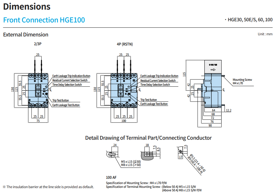 ELCB HYUNDAI HGE100S 2P 16A 50kA 1.3.5.1000mA