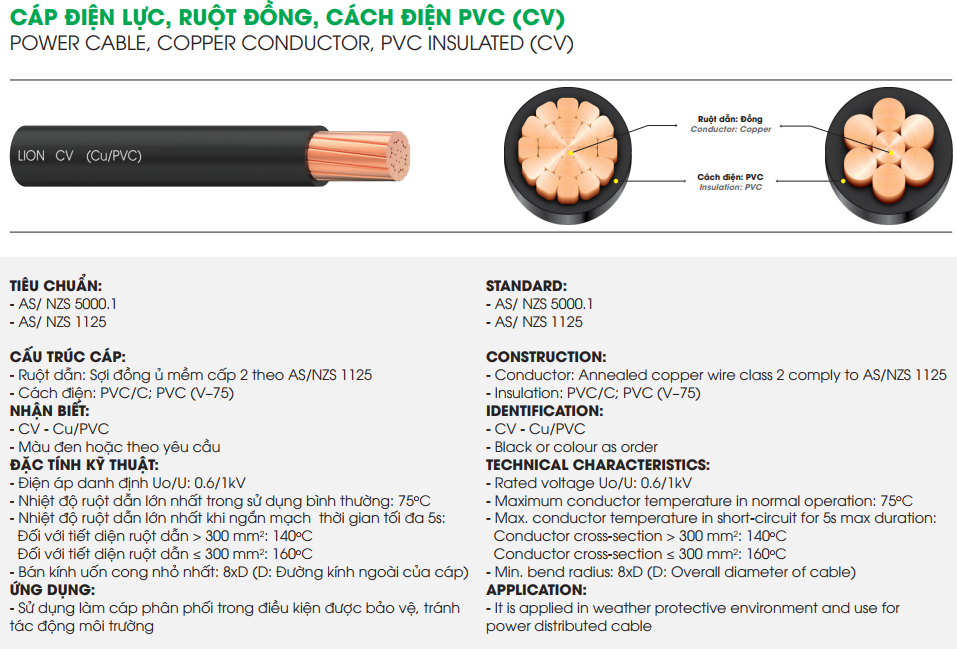 Dây điện LION CV 10mm2 - 0.6/1kV