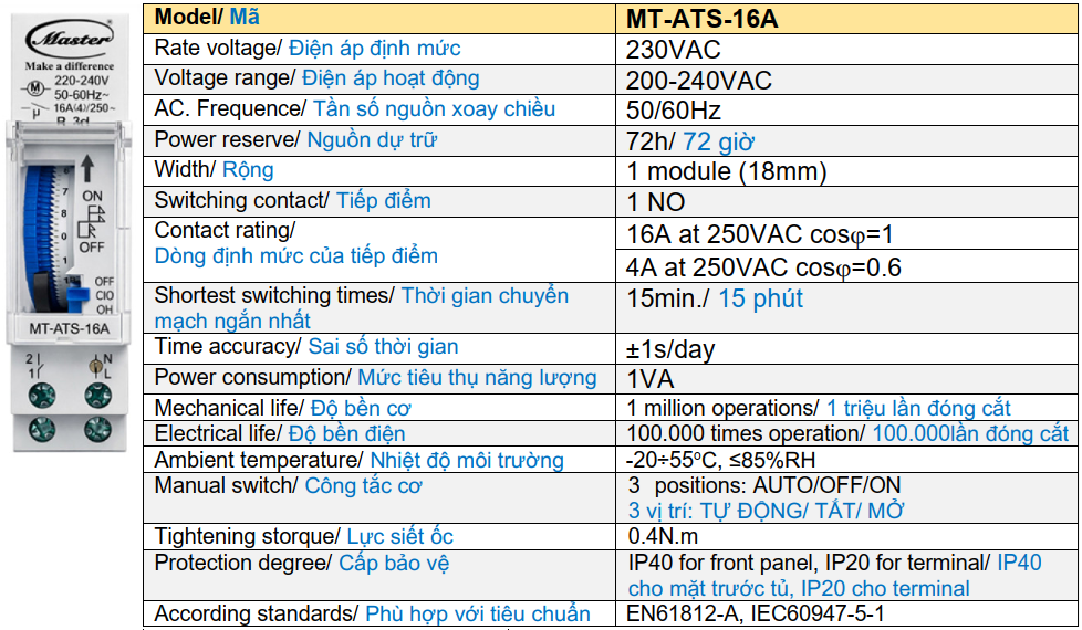 Timer thời gian 24h loại cơ Master MT-ATS-16A
