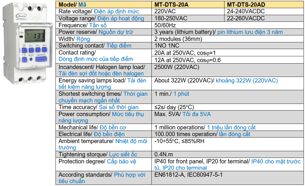 Timer thời gian tuần loại số Master MT-DTS-20A