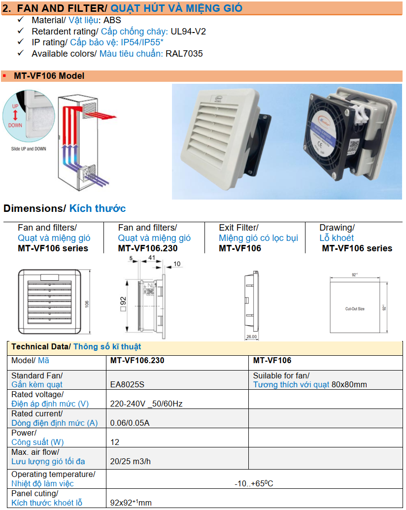 Quạt hút kèm miệng gió kiểu VF có ron kín nước MASTER MT-VF106.230