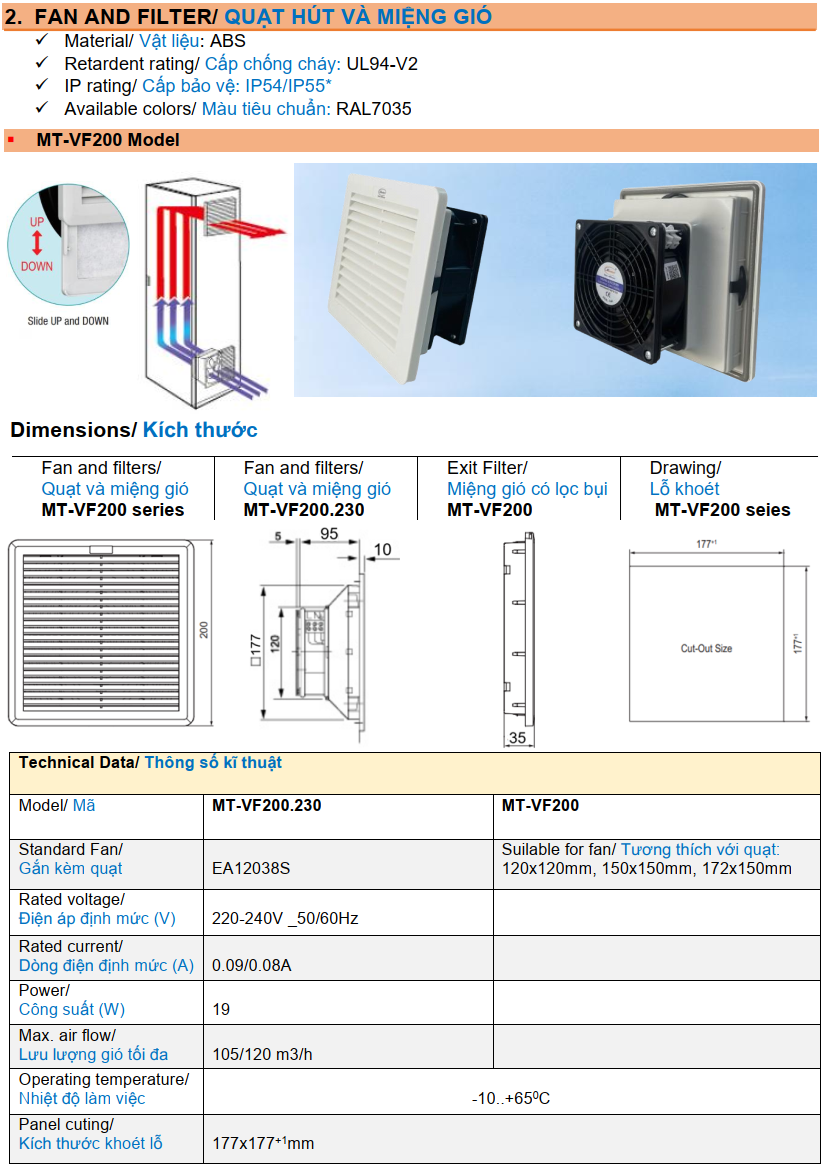 Quạt hút kèm miệng gió kiểu VF có ron kín nước MASTER MT-VF200.230