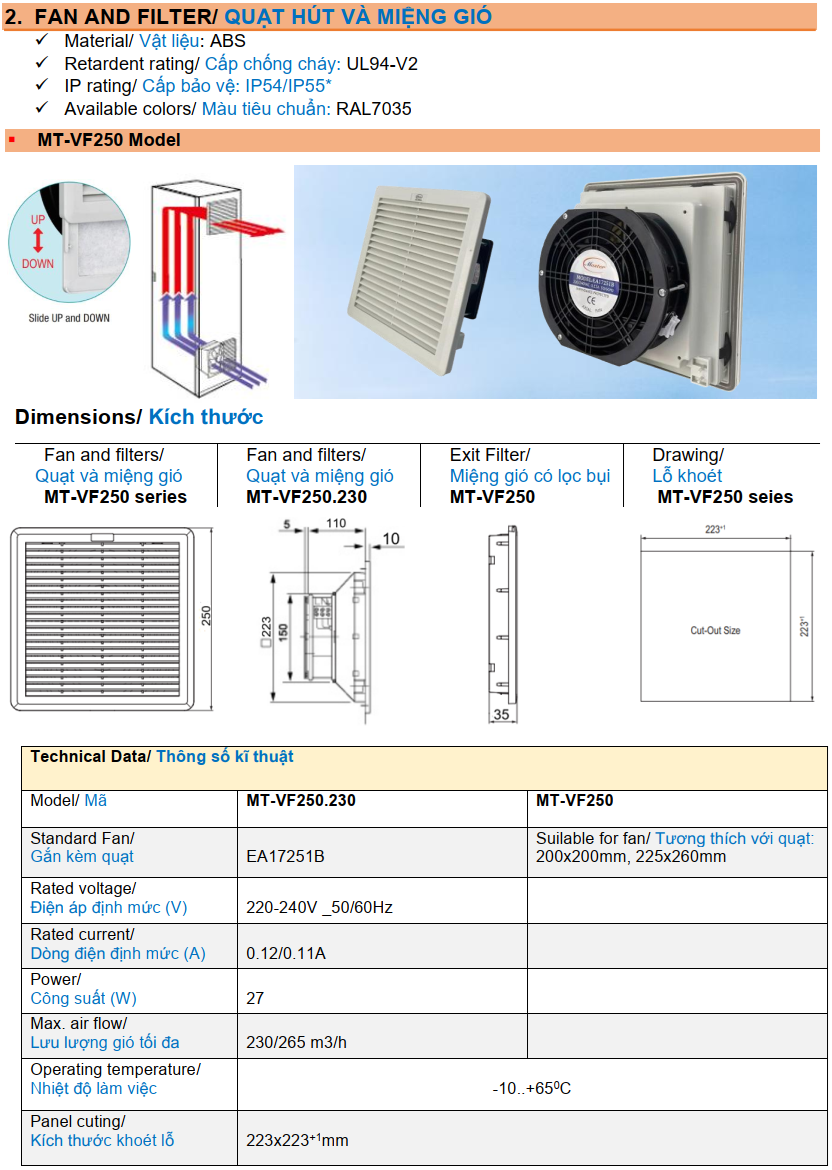 Quạt hút kèm miệng gió kiểu VF có ron kín nước MASTER MT-VF250.230