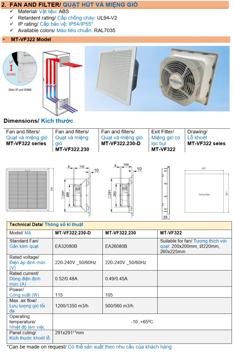 Quạt hút kèm miệng gió kiểu VF có ron kín nước MASTER MT-VF322.230-D