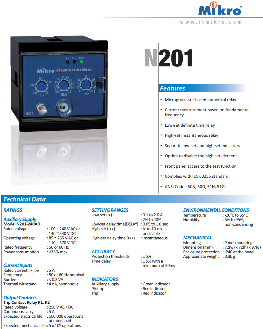 Rơ le bảo vệ chạm đất Mikro N201-240AD