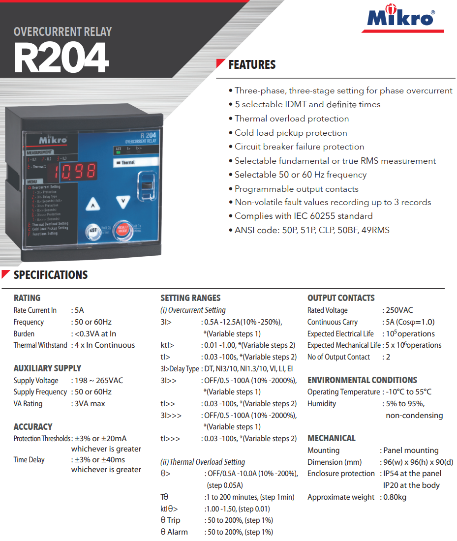Rơ le bảo vệ quá dòng Mikro R204-230A 