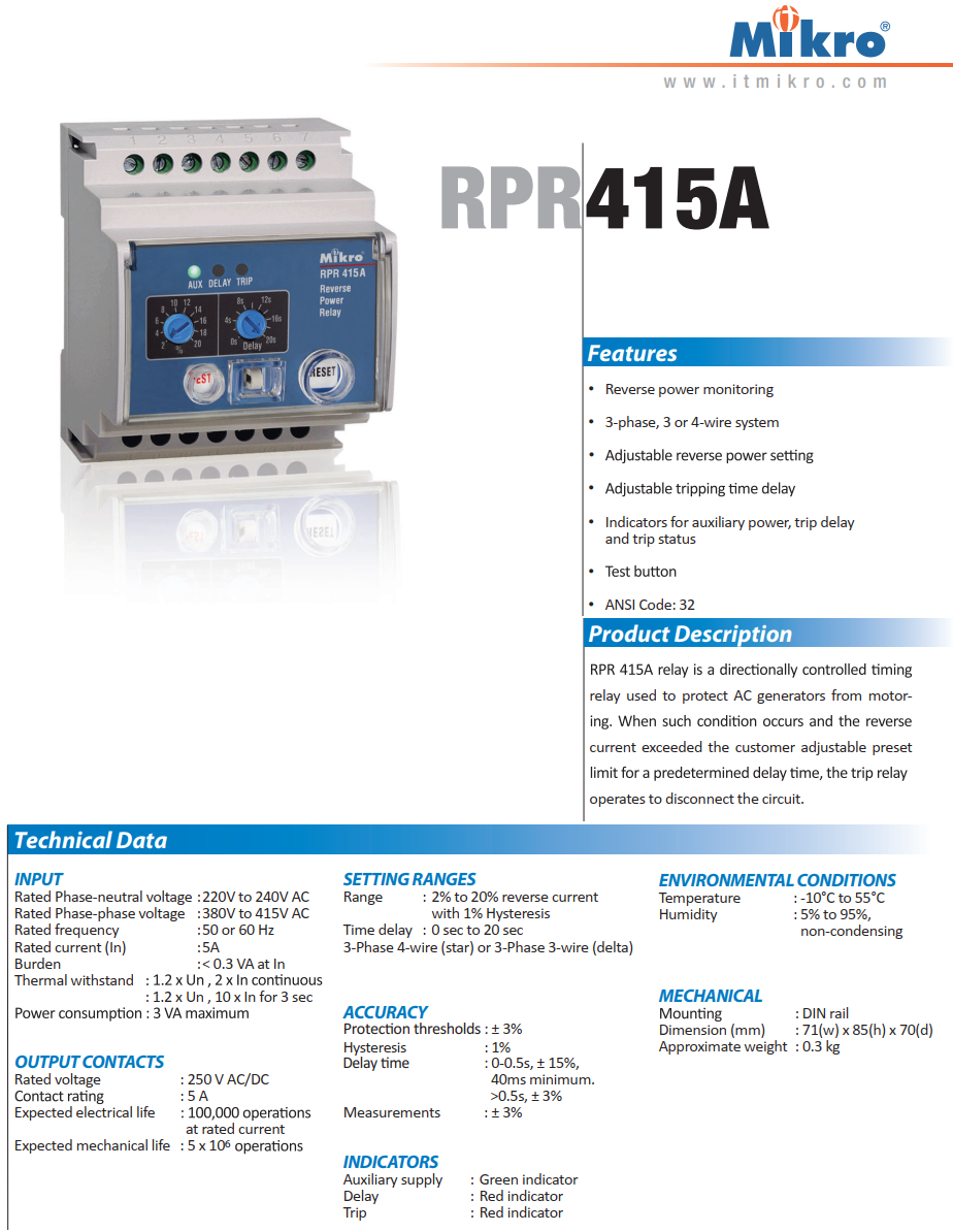 Rơ le Mikro bảo vệ công suất ngược RPR 415A