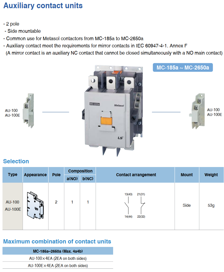 Tiếp điểm phụ lắp bên hông 1NO+1NC dùng cho Contactor LS MC 185a~800a ( AU-100 )