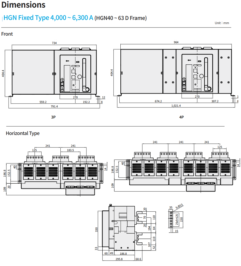 ACB HYUNDAI  3P 6300A 150kA loại cố định ( HGN63D3HM0C0S051X )