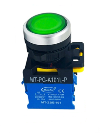 Nút nhấn ON có đèn MASTER màu xanh lá loại tự nhả viền mạ bạc ( MT-PG-A101L-P )