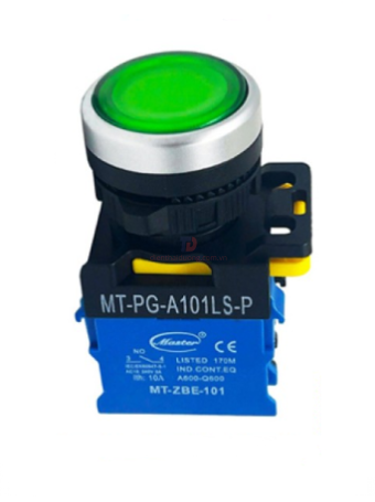 Nút nhấn ON có đèn MASTER màu xanh lá loại tự giữ viền mạ bạc ( MT-PG-A101LS-P )